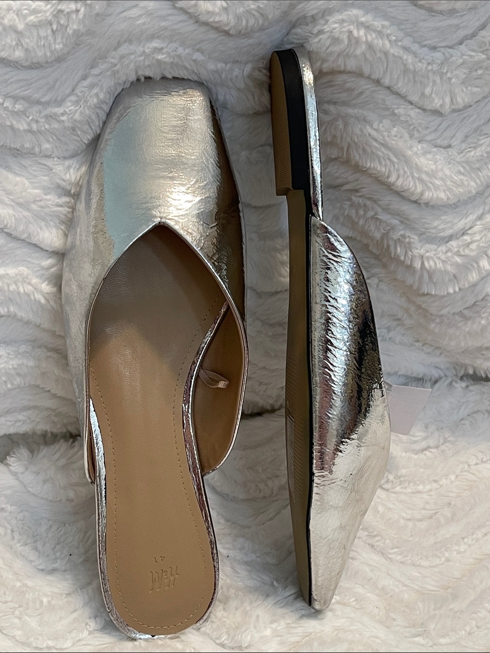 NWT H&M Metallic Silver Women's Slip-On Mule Flats